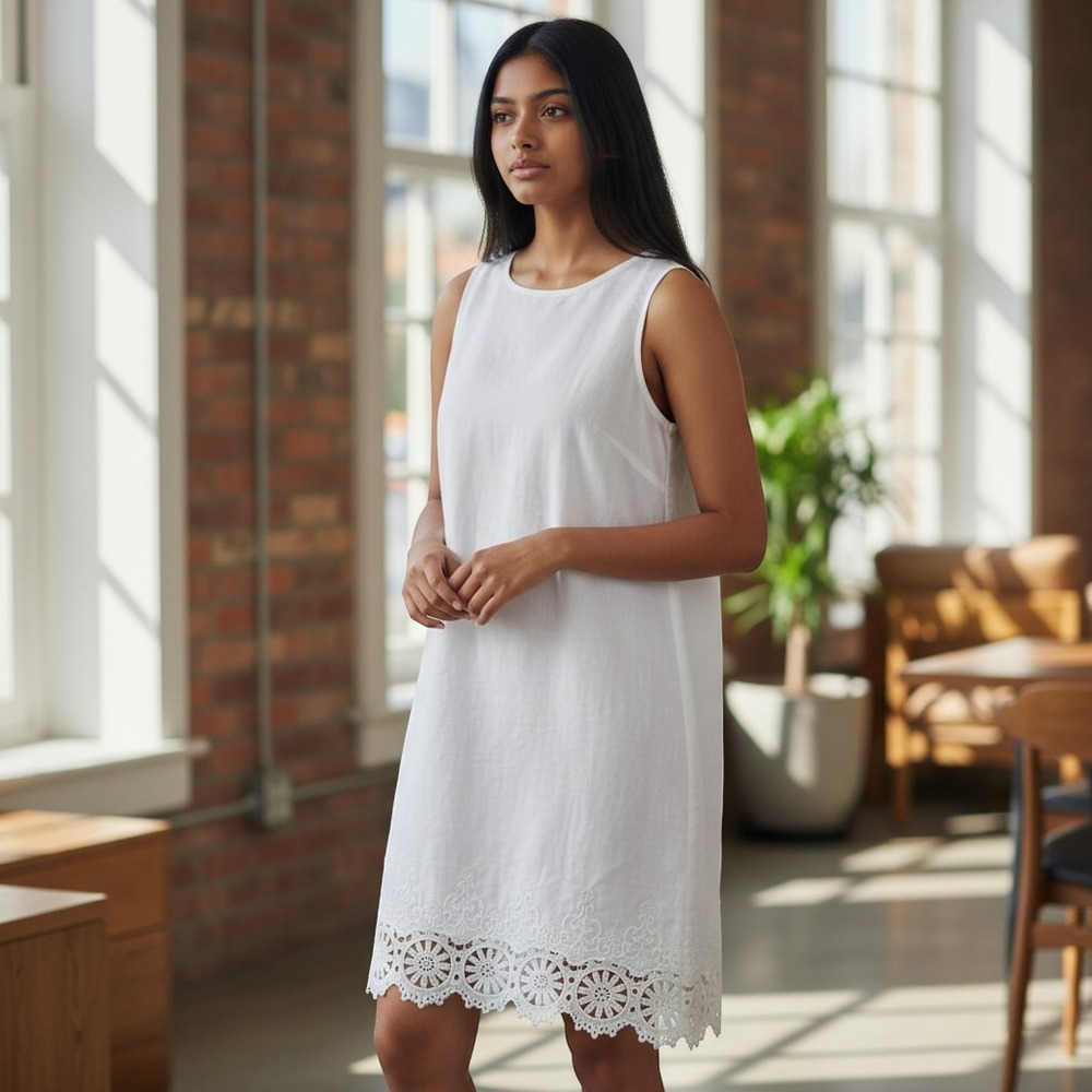 Vince Camuto White Linen Blend Eyelet Lace Hem Shift Dress 4 Sleeveless